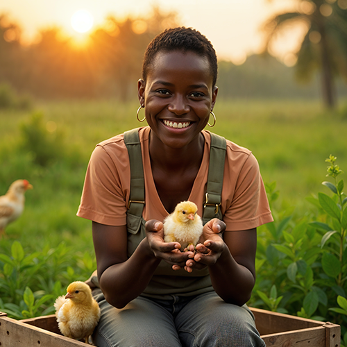 Farmer holding chick